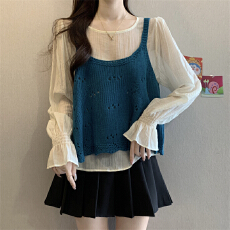 批发实拍实价 新款甜美镂空波浪边针织背心叠穿马甲搭配圆领衬衫上衣