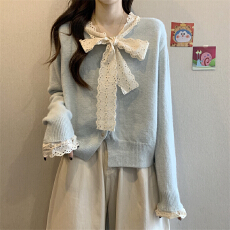 批发实拍实价 韩版单排扣绑带蝴蝶结针织衫修身打底衫小众别致上衣女