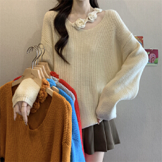 实拍实价 新款斜肩玫瑰花朵镂空毛衣女慵懒风软糯宽松百搭上衣