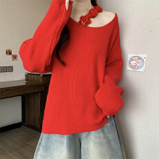 实拍实价 新款斜肩玫瑰花朵镂空毛衣女慵懒风软糯宽松百搭上衣