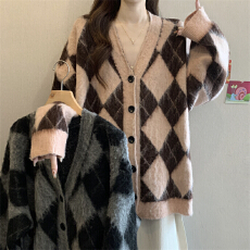 批发实拍实价 法式气质高级感慵懒显瘦菱形格纹V领宽松加厚<b class='q'>开衫</b>外套女