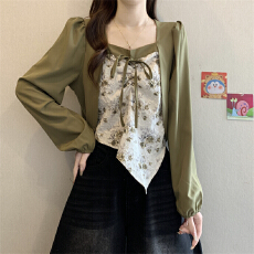 批发实拍实价 新款甜辣风修身小清新<b class='q'>碎花</b>拼接假两件<b class='q'>衬衣</b>