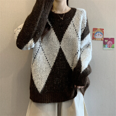 实拍实价 新款撞色毛衣圆领慵懒风通勤羊绒针织衫宽松上衣