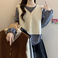 批发实拍实价 新款法式蕾丝上衣设计感小众<b class='q'>碎花</b>上衣<b class='q'>衬衣</b>+无袖针织马甲