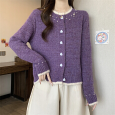 实拍实价 新款设计感拼色珍珠爱心纽扣毛衣女宽松圆领开衫上衣