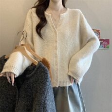 批发实拍实价 复古小众V领圈圈绒女慵懒风韩版宽松百搭软糯毛衣外套