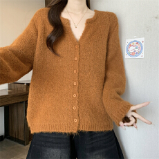 批发实拍实价 复古小众V领圈圈绒女慵懒风韩版宽松百搭软糯毛衣外套