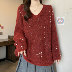 实拍实价 新款设计感重工钉珠亮片打底针织衫女中长款遮肉毛衣