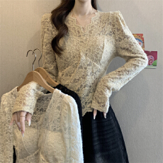 批发实拍实价 新款不规则镂空<b class='q'>V领</b>有胸垫长袖蕾丝衫女气质修身显瘦上衣