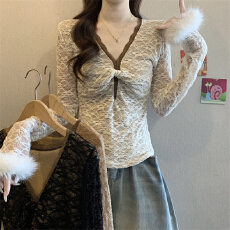 批发实拍实价 新款纯欲性感蕾丝提花T恤女V领撞色花边内搭<b class='q'>长袖</b>上衣