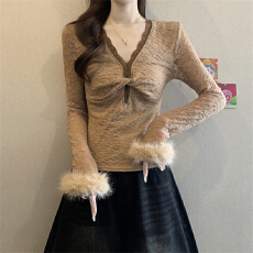 批发实拍实价 新款纯欲性感蕾丝提花T恤女V领撞色花边内搭<b class='q'>长袖</b>上衣