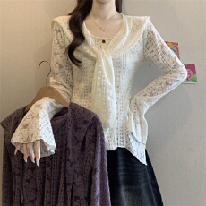 批发实拍实价 新款加绒法式<b class='q'>喇叭袖</b>加披肩长袖蕾丝衫女镂空设计感上衣