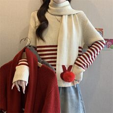 批发实拍实价 <b class='q'>冬</b>季新款慵懒风少女感拼色条纹针织毛衣配围脖