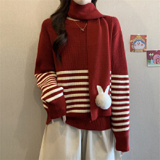 批发实拍实价 <b class='q'>冬</b>季新款慵懒风少女感拼色条纹针织毛衣配围脖