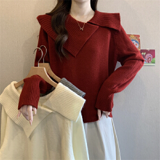 批发实拍实价 <b class='q'>新款</b>高级感气质设计感不规则翻领针织衫简约长袖毛衣