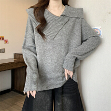 批发实拍实价 <b class='q'>新款</b>高级感气质设计感不规则翻领针织衫简约长袖毛衣