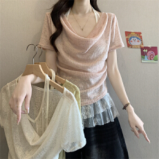 批发实拍实价 春季辣妹套装女短袖针织衫白色蕾丝上衣内搭背心两件套