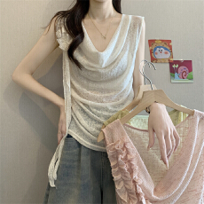 批发实拍实价 新款荡领飘带花朵<b class='q'>短袖</b>t恤女春夏收腰褶皱背心斜肩上衣