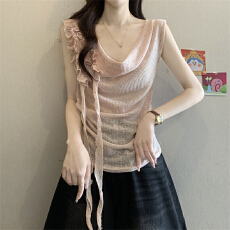 批发实拍实价 新款荡领飘带花朵<b class='q'>短袖</b>t恤女春夏收腰褶皱背心斜肩上衣