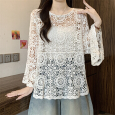 批发实拍实价 新款设计感镂空钩花洋气喇叭袖针织衫宽松显瘦罩衫上衣