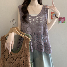 批发实拍实价 新款法式彩色钩花镂空针织背心马甲女叠穿无袖罩衫上衣
