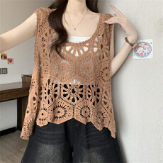 批发实拍实价 新款法式彩色钩花镂空针织背心马甲女叠穿无袖罩衫上衣