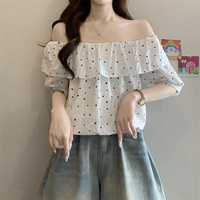 실사 정가 새로운 디자인 센스 패치워크 레이스 작은 도트 무늬 보트넥 루즈핏 반팔 둘 착용 맨위 여성