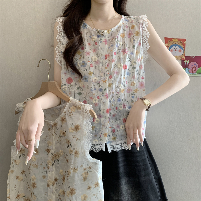 실사 정가 한국 스타일 패션 라운드 넥 레이스 측면 민소매 꽃무늬 여성 셔츠 루즈핏 슬림해 보이는 맨위 트렌드
