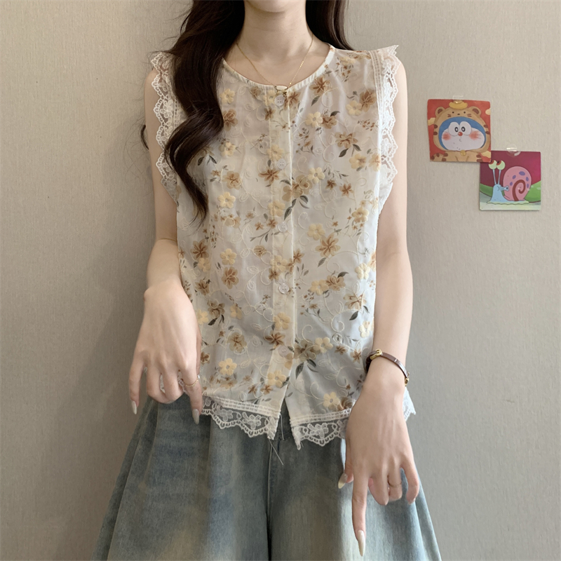 실사 정가 한국 스타일 패션 라운드 넥 레이스 측면 민소매 꽃무늬 여성 셔츠 루즈핏 슬림해 보이는 맨위 트렌드