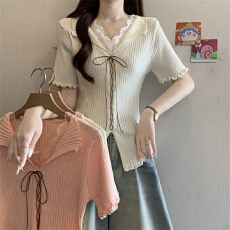 批发实拍实价设计感蕾丝拼接V领系带<b class='q'>短袖</b><b class='q'>T</b><b class='q'>恤</b><b class='q'>女</b>木耳边修身显瘦针织上衣