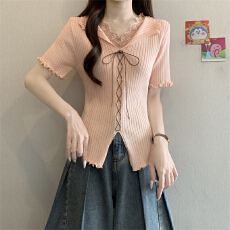 批发实拍实价设计感蕾丝拼接V领系带<b class='q'>短袖</b><b class='q'>T</b><b class='q'>恤</b><b class='q'>女</b>木耳边修身显瘦针织上衣