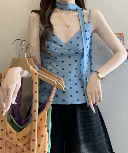 실사 정가 달콤한 핫걸 바람 도트 무늬 리본 V넥 조끼 여성 의류 여름 Chic 몸매 가꾸기 슬림해 보이는 민소매 슬립