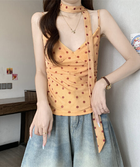실사 정가 달콤한 핫걸 바람 도트 무늬 리본 V넥 조끼 여성 의류 여름 Chic 몸매 가꾸기 슬림해 보이는 민소매 슬립