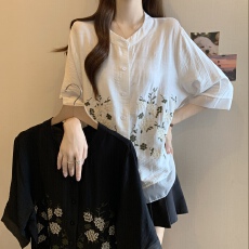 批发复古新中式刺绣正肩<b class='q'>雪纺衫女</b>夏大码胖MM宽松显瘦减龄百搭别致衬衫