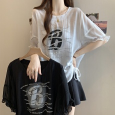 批发洋气减龄灯笼袖正肩短袖T恤女夏季大码胖MM不规则抽绳显瘦<b class='q'>雪纺衫</b>