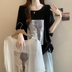 批发遮肚子慵懒风抽绳印花短袖T恤女夏大码胖MM不规则显瘦别致<b class='q'>雪纺衫</b>