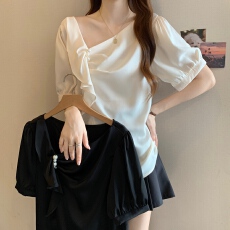 批发高级感不规则褶皱钉珠短袖<b class='q'>雪纺衫</b>夏大码胖MM气质减龄显瘦别致上衣