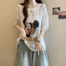 批发大码女装夏季新款卡通印花灯笼袖<b class='q'>雪纺衫</b>胖MM减龄显瘦不规则上衣