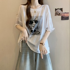 批发洋气减龄喇叭袖正肩显瘦短袖T恤女大码胖MM不规则抽绳印花<b class='q'>雪纺衫</b>