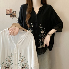 批发大码女装遮肚子新中式刺绣短袖衬衫女夏季胖MM宽松显瘦减龄<b class='q'>雪纺衫</b>