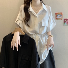 批发<b class='q'>大码</b>法式polo领收腰雪纺短袖衬衫女夏季胖MM减龄百搭遮肚显瘦上衣