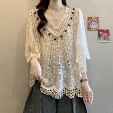 批发复古钩花镂空蝙蝠袖针织衫女2026夏季新款胖MM宽松遮肚子蕾丝小衫
