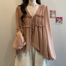 批发气质温柔风V领抽褶防晒<b class='q'>雪纺衫</b>2025夏秋胖MM新款宽松遮肚减龄上衣