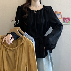 批发设计感串珠系带收腰正肩衬衫女秋2025胖MM新款宽松遮肚子独特上衣
