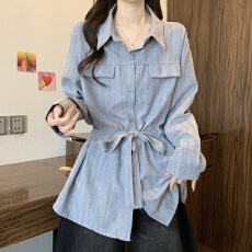 批发设计感复古扎染polo领衬衫女秋2026胖MM新款系带收腰显瘦独特上衣