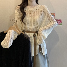 批发波西米亚<b class='q'>镂空</b>开叉<b class='q'>针织</b>衫女春胖MM新款气质腰带收腰显瘦不规则<b class='q'>罩衫</b>