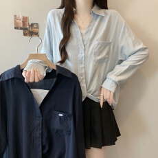 批发设计感假两件纽结正肩衬衫女秋2025胖MM新款宽松遮肚别致<b class='q'>雪纺上衣</b>