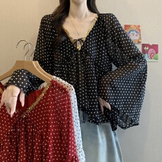 批发大码遮肚子亮片V领波点<b class='q'>雪纺衫女</b>春胖MM新款宽松减龄气质独特上衣
