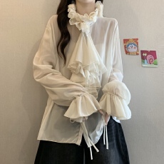 批发法式宫廷风轻盈垂坠ruff领<b class='q'>雪纺衫女</b>夏秋新款胖MM别致漂亮显瘦衬衫