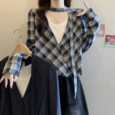 批发假两件格子飘带长袖衬衫女春秋新款胖MM气质百搭宽松遮肚独特上衣